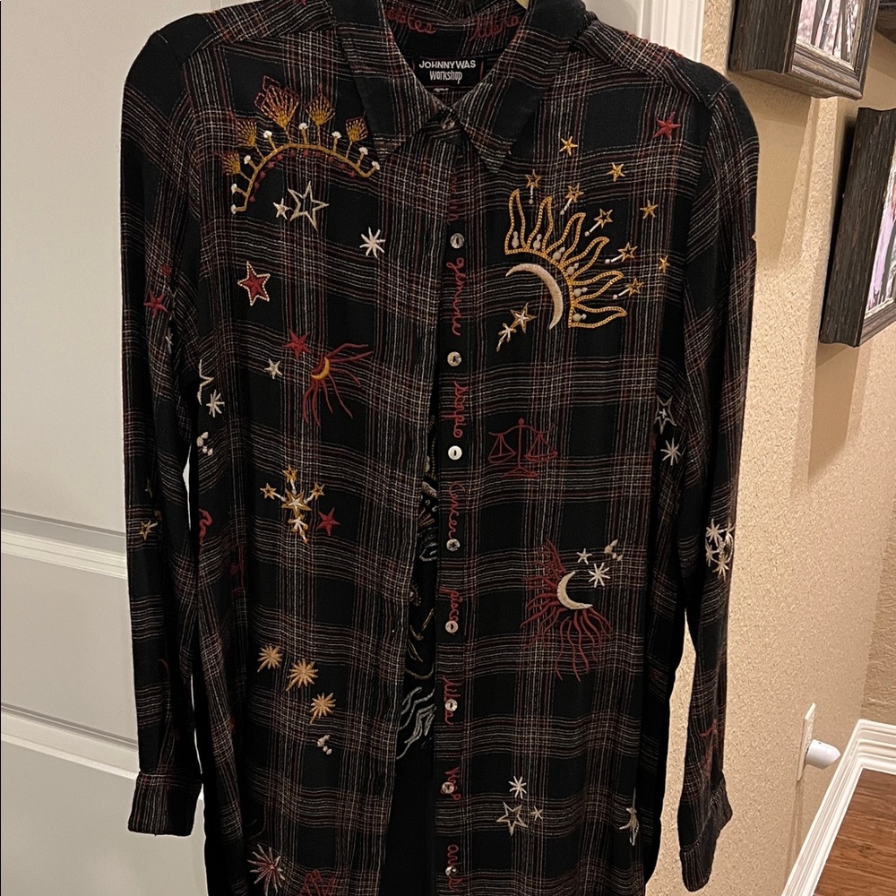 Johnny Was Dark Brown & Black Plaid Shirt with Embroidery & velvet back